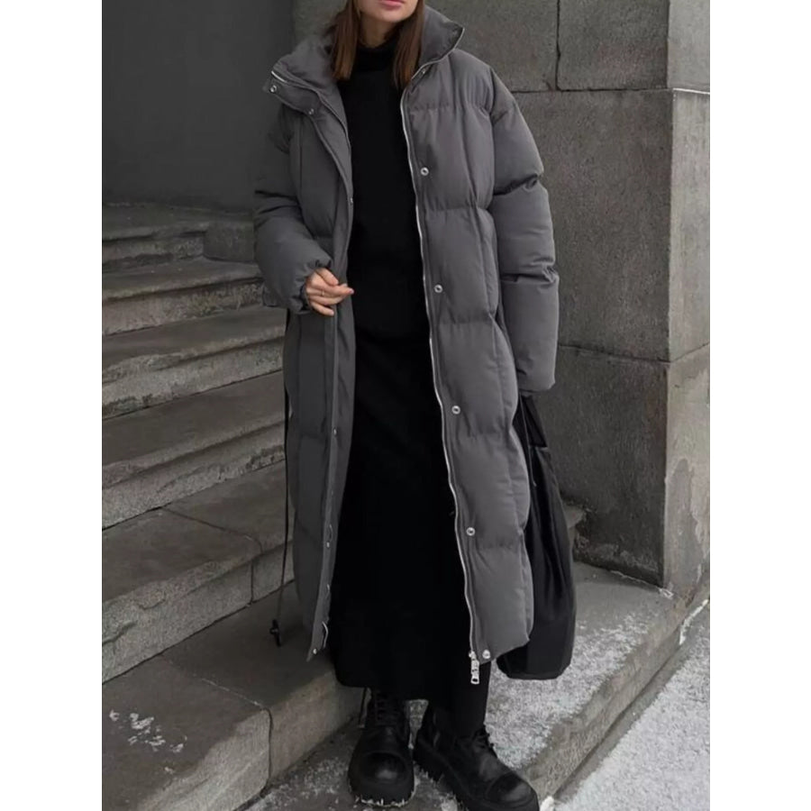 Longline Padded Winter Coat with Belted Dark Gray / One Size Apparel and Accessories