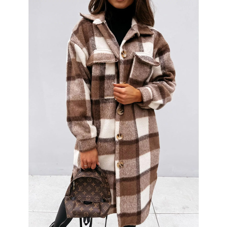 Longline Plaid Button Up Coat Apparel and Accessories
