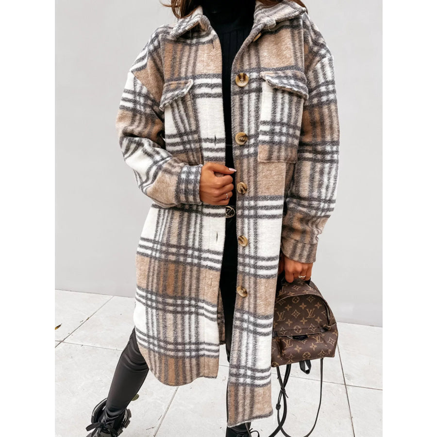 Longline Plaid Button Up Coat Apparel and Accessories