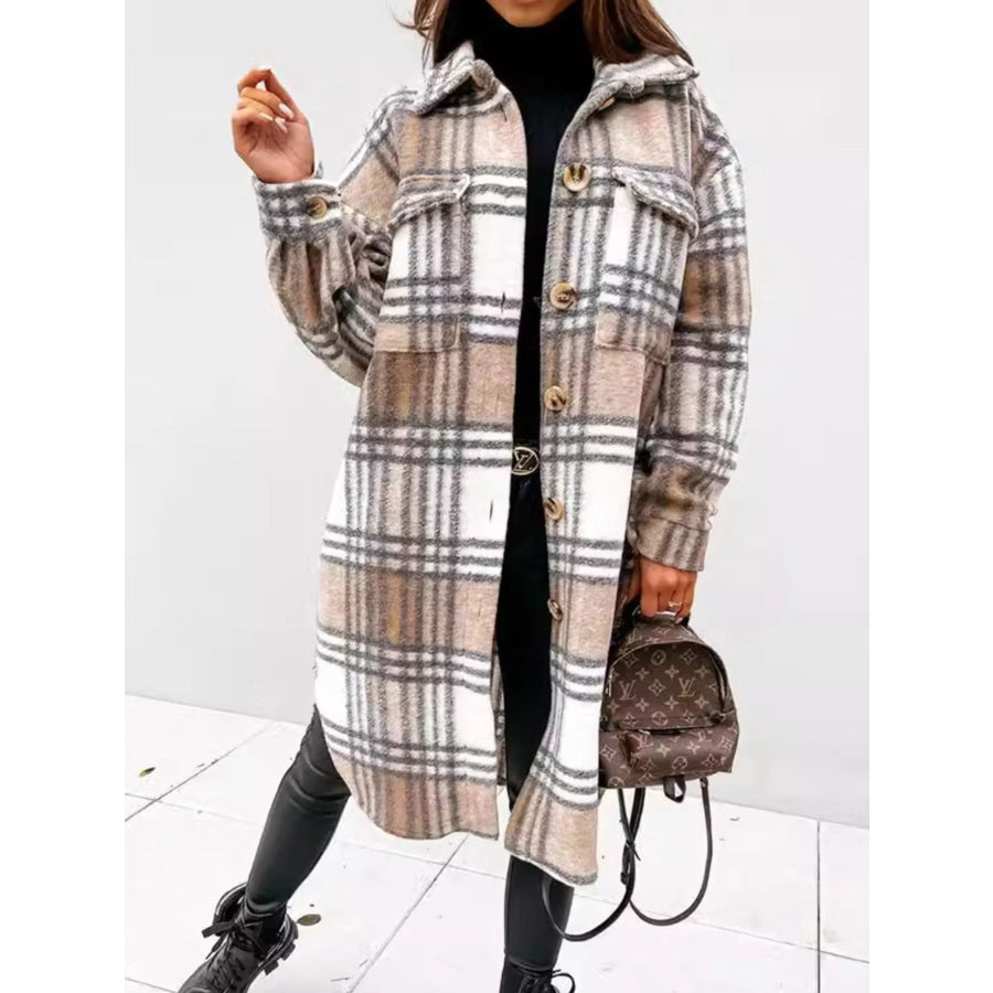 Longline Plaid Button Up Coat Apparel and Accessories