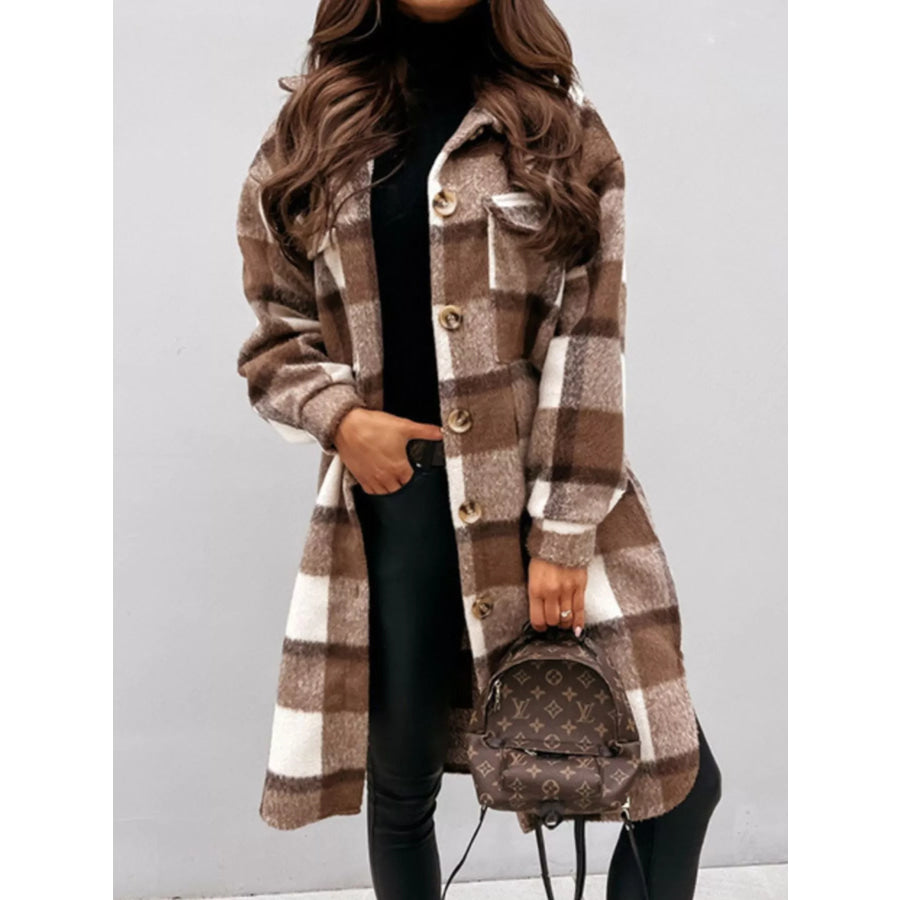 Longline Plaid Button Up Coat Brown / S Apparel and Accessories