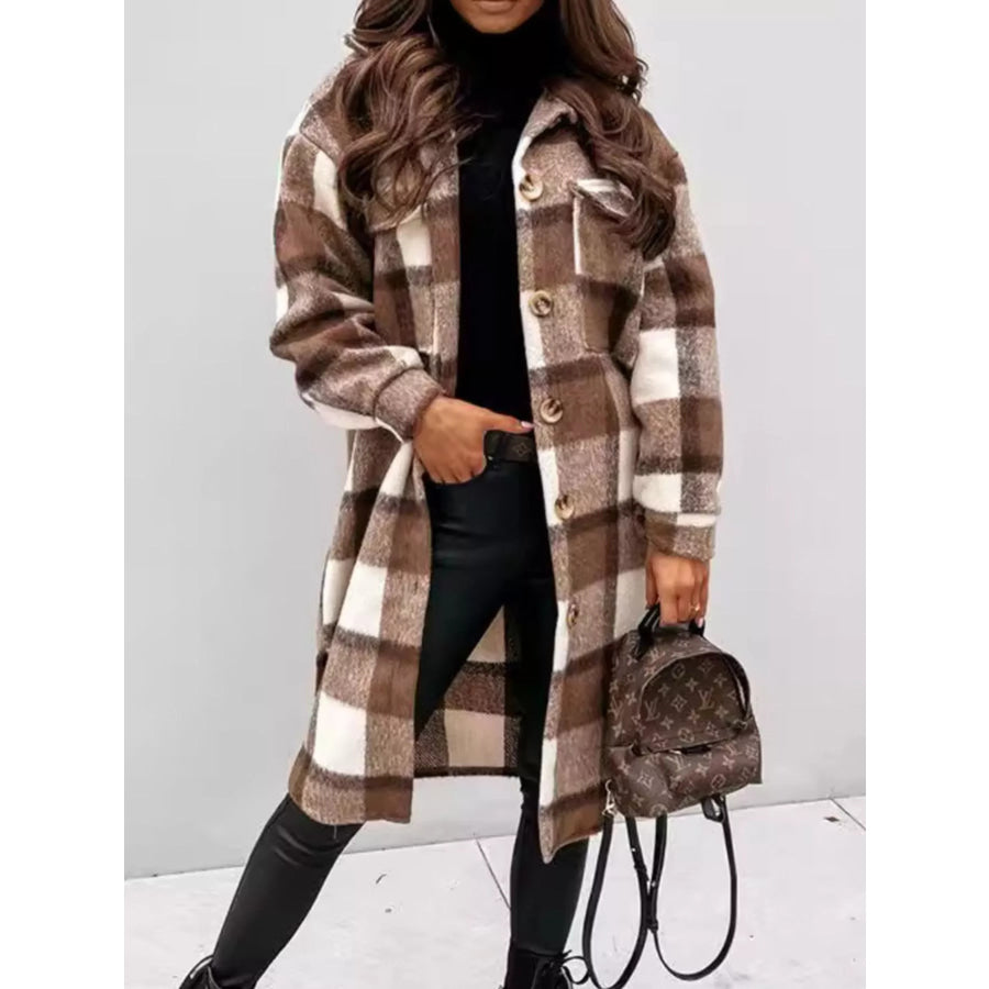 Longline Plaid Button Up Coat Brown / S Apparel and Accessories