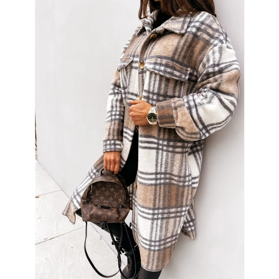 Longline Plaid Button Up Coat Camel / S Apparel and Accessories