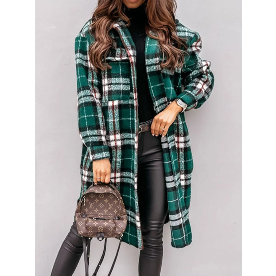 Longline Plaid Button Up Coat Dark Green / S Apparel and Accessories