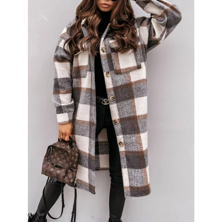 Longline Plaid Button Up Coat Gray / S Apparel and Accessories