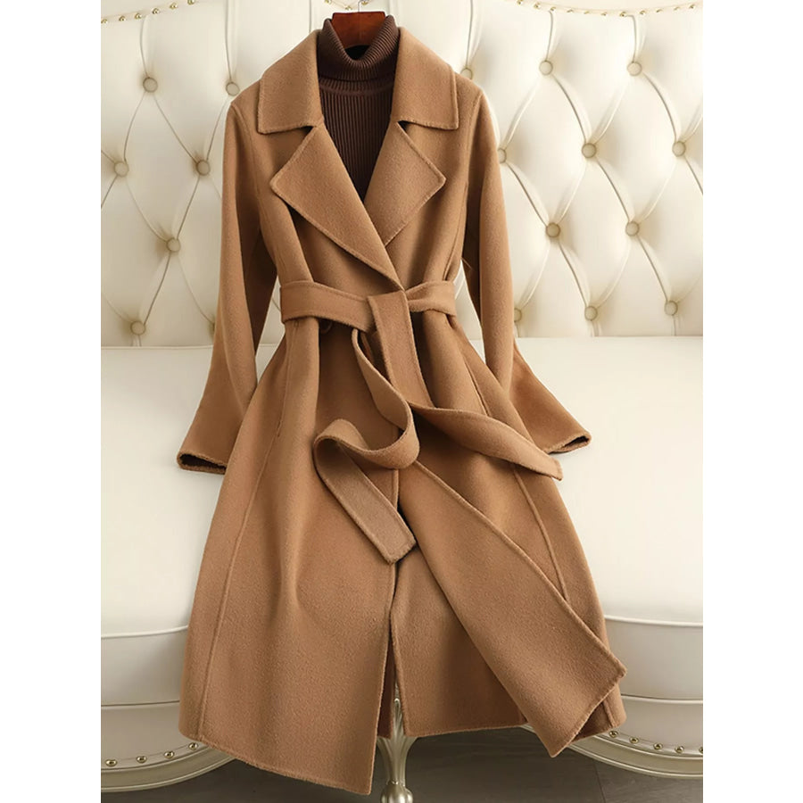 Longline Wool Coat with Waist-Defining Belt Apparel and Accessories