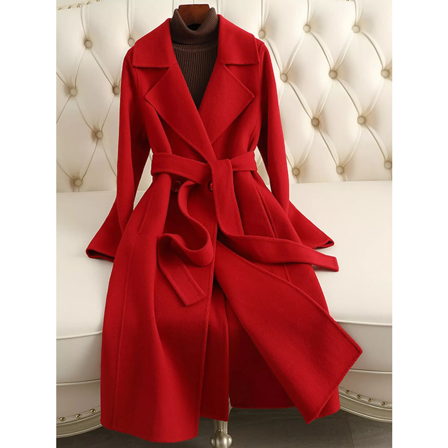 Longline Wool Coat with Waist-Defining Belt Apparel and Accessories