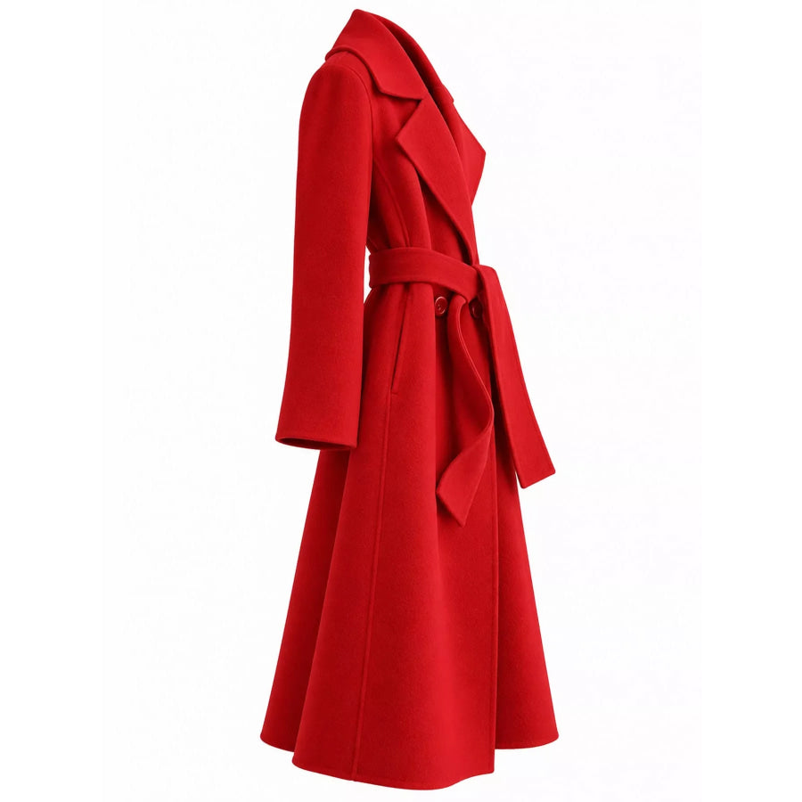 Longline Wool Coat with Waist-Defining Belt Apparel and Accessories