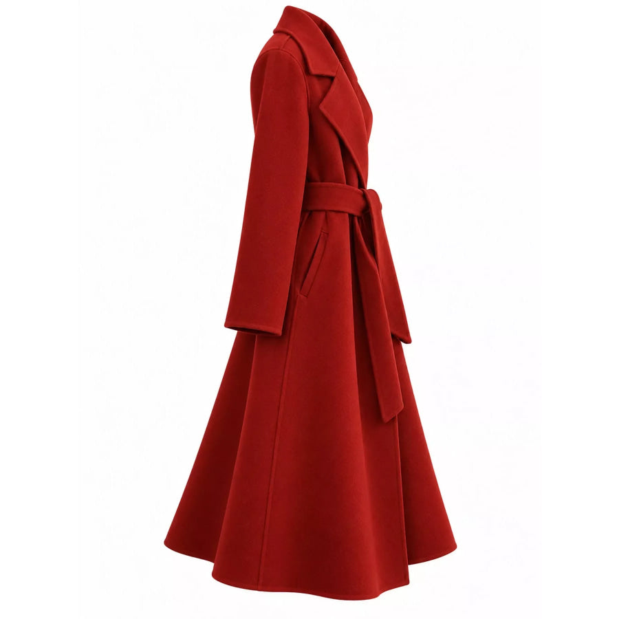 Longline Wool Coat with Waist-Defining Belt Apparel and Accessories
