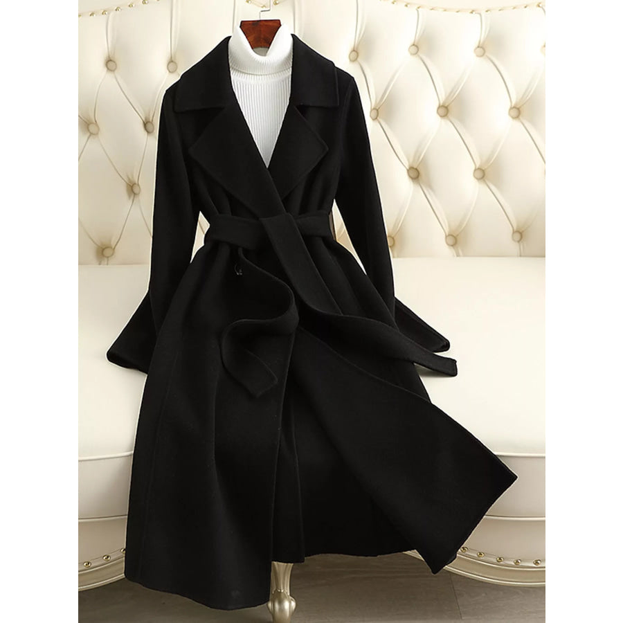 Longline Wool Coat with Waist-Defining Belt Black / XS Apparel and Accessories