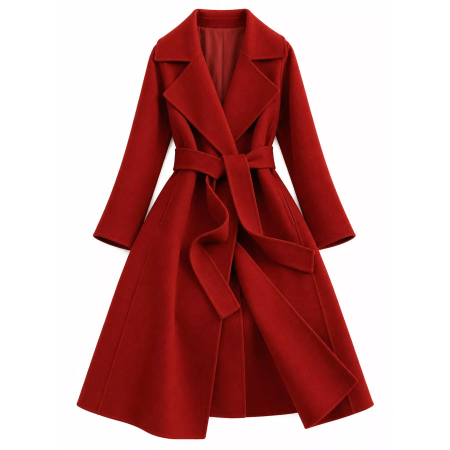 Longline Wool Coat with Waist-Defining Belt Brick Red / XS Apparel and Accessories