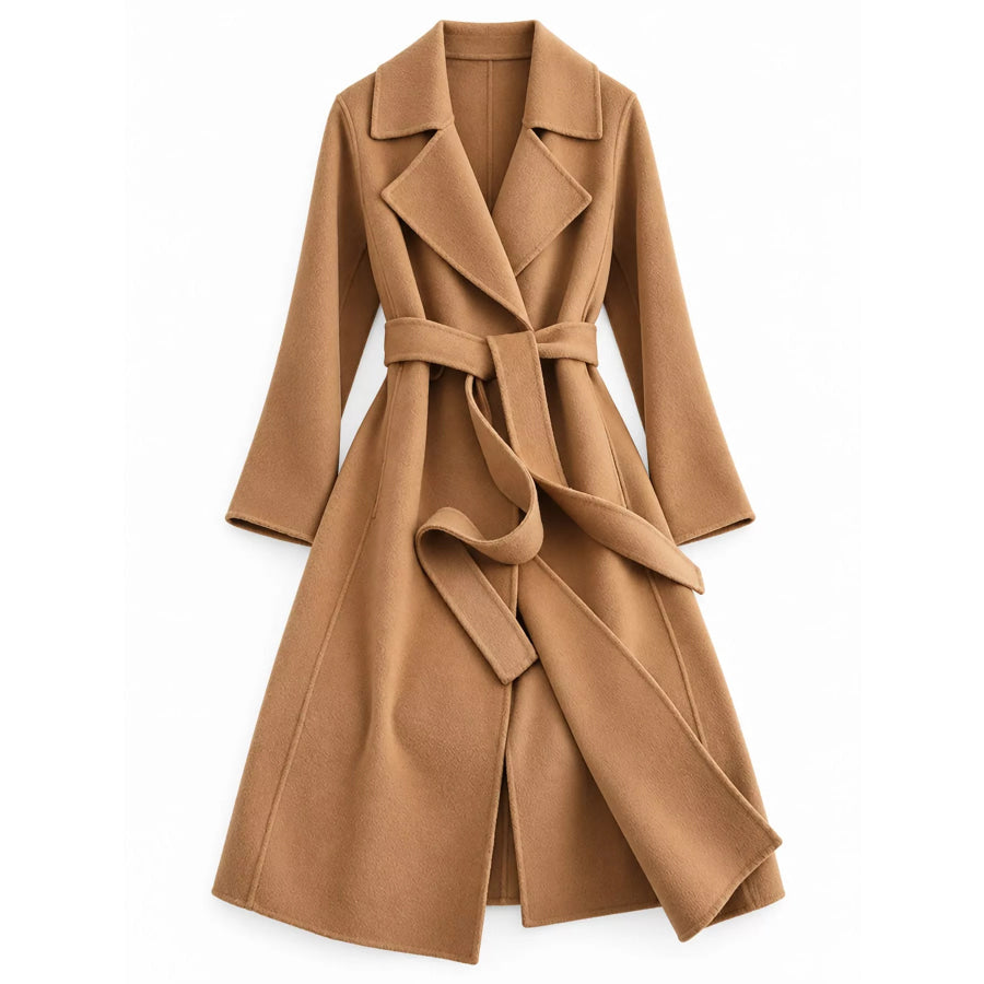 Longline Wool Coat with Waist-Defining Belt Camel / XS Apparel and Accessories
