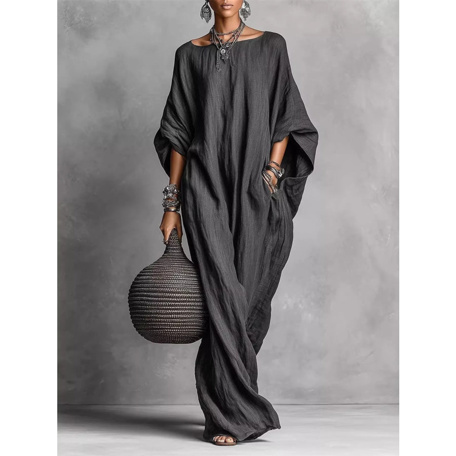 Loose Fit Boat Neck Maxi Dress Black / S Apparel and Accessories