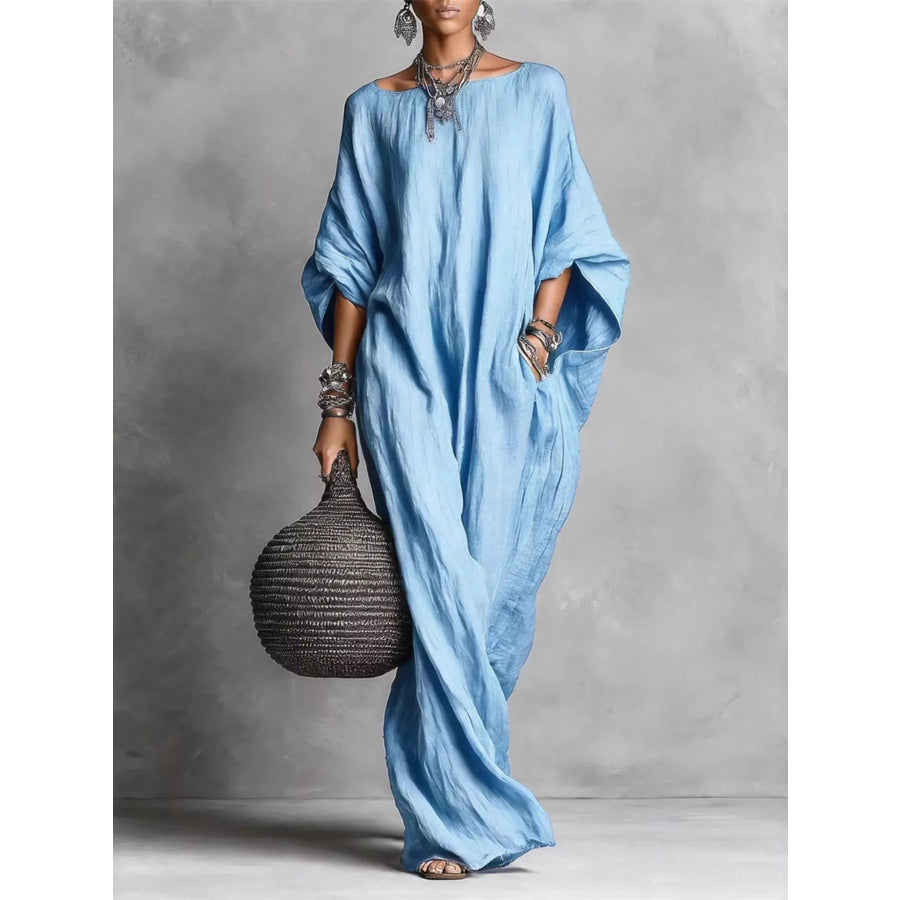 Loose Fit Boat Neck Maxi Dress Blue / S Apparel and Accessories