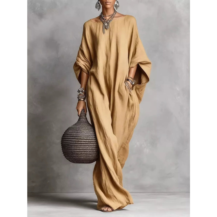 Loose Fit Boat Neck Maxi Dress Khaki / S Apparel and Accessories