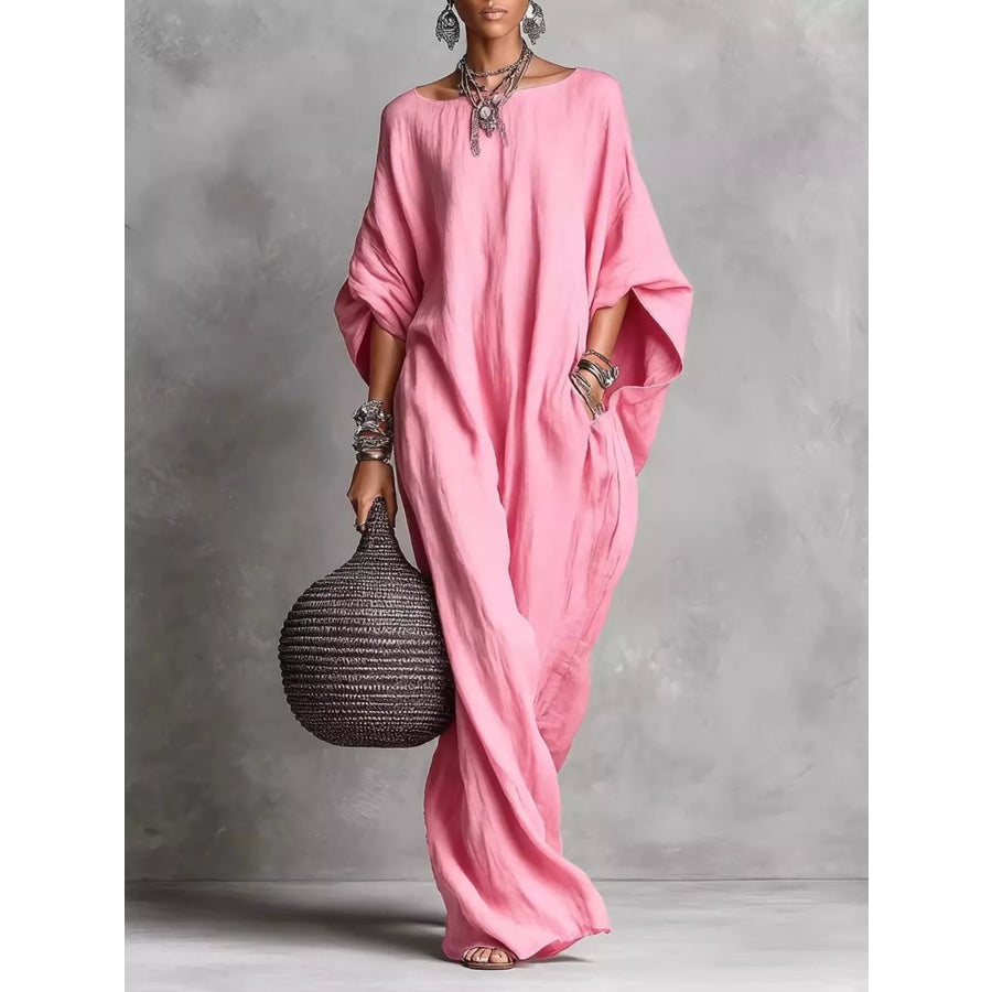 Loose Fit Boat Neck Maxi Dress Pink / S Apparel and Accessories