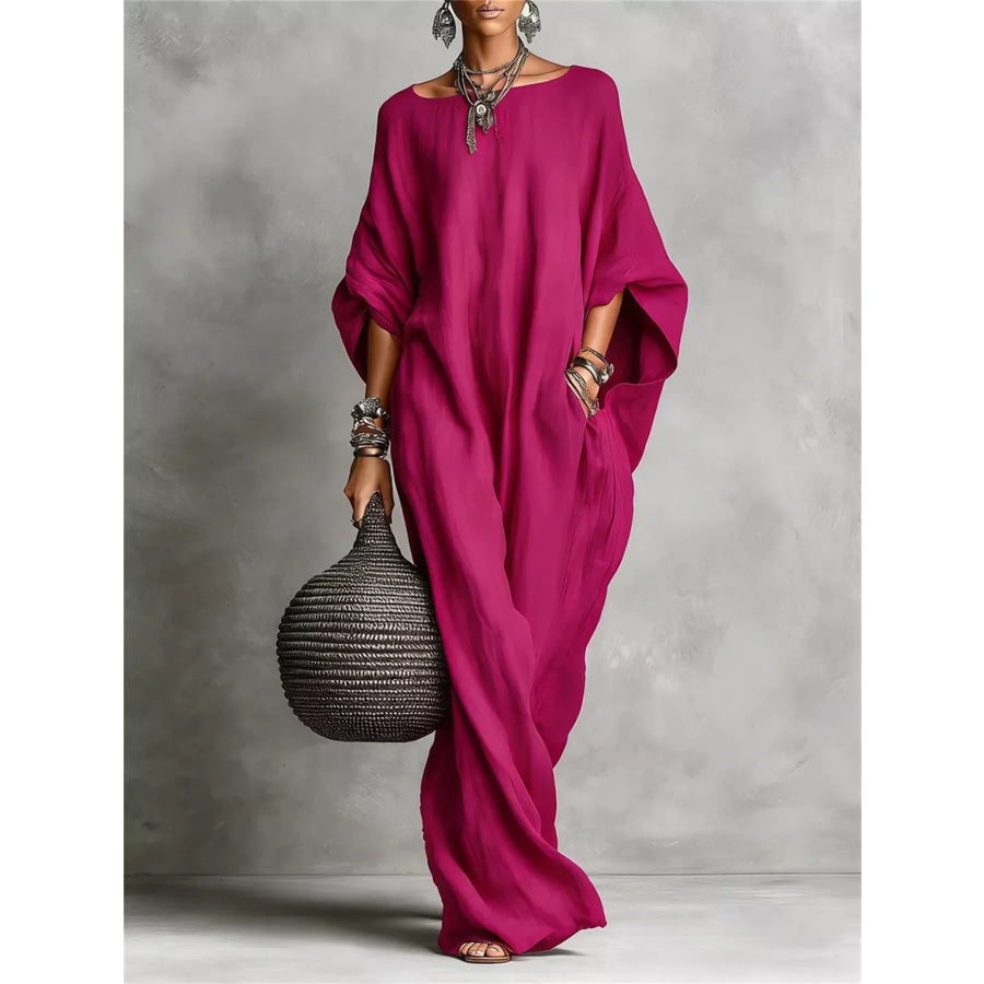 Loose Fit Boat Neck Maxi Dress Red / S Apparel and Accessories