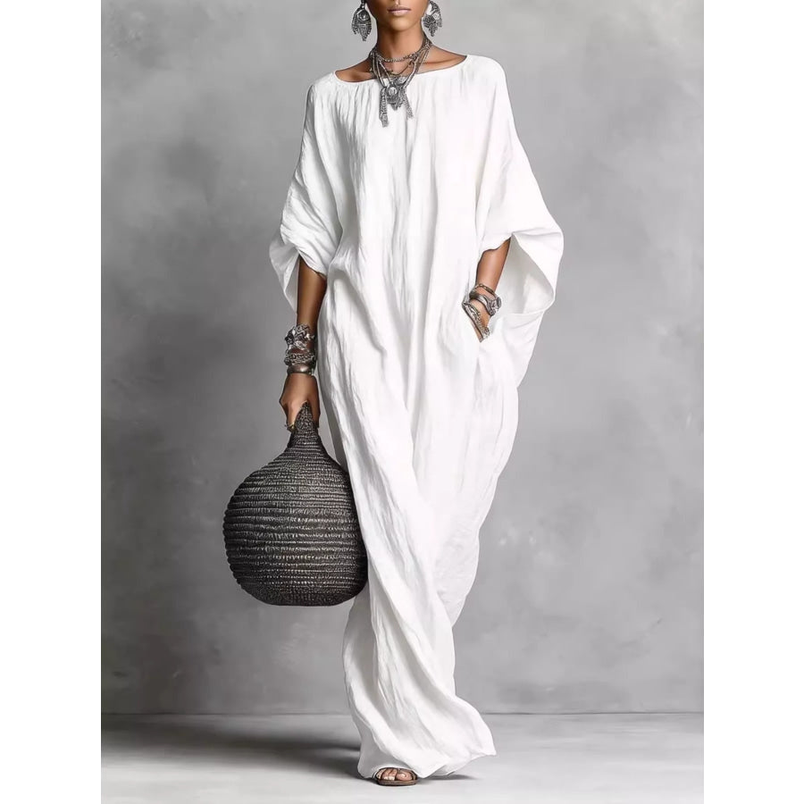 Loose Fit Boat Neck Maxi Dress White / S Apparel and Accessories