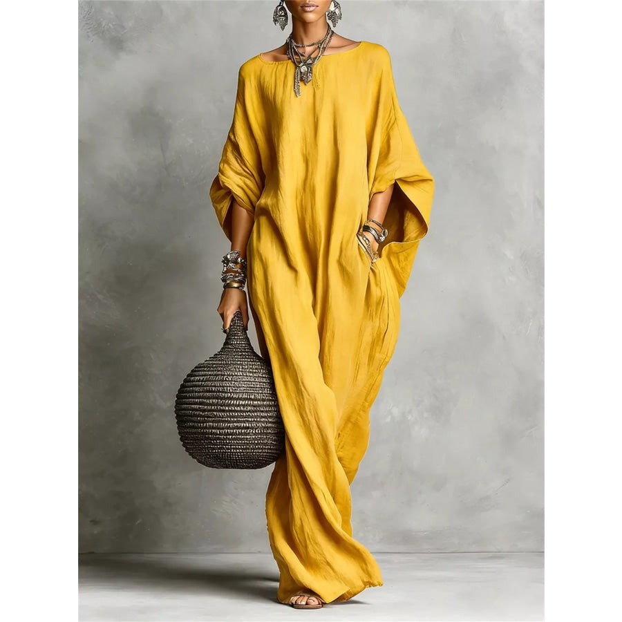 Loose Fit Boat Neck Maxi Dress Yellow / S Apparel and Accessories