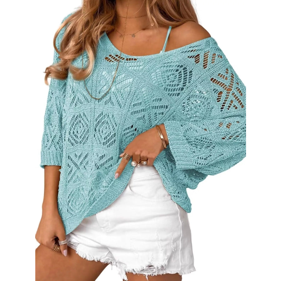 Loose Fit Crochet Knit Cover-Up Lake Blue / S Apparel and Accessories