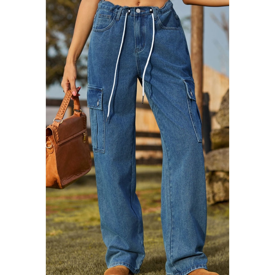 Loose Fit Drawstring Jeans with Pocket Medium / S