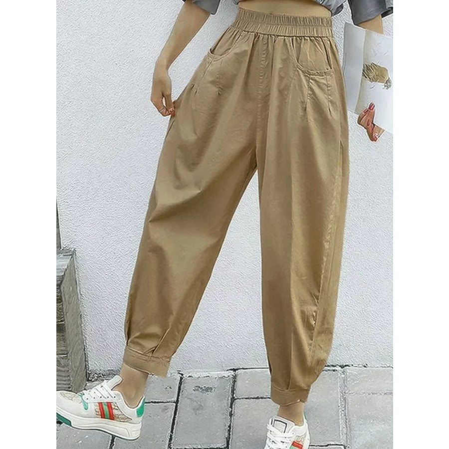 Loose Fit Elastic Waist Harem Pants Khaki / M Apparel and Accessories
