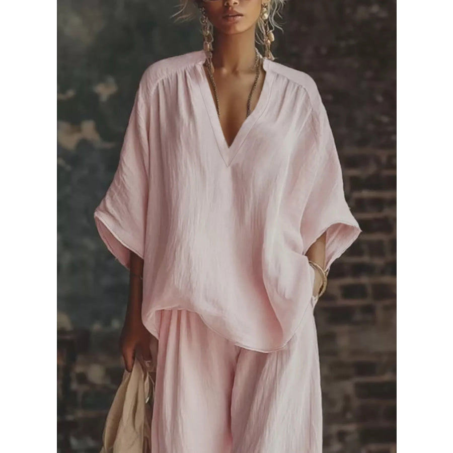 Loose Fit Notched Top and Pants Set Apparel Accessories