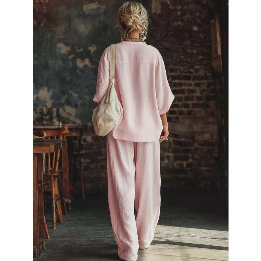 Loose Fit Notched Top and Pants Set Apparel Accessories
