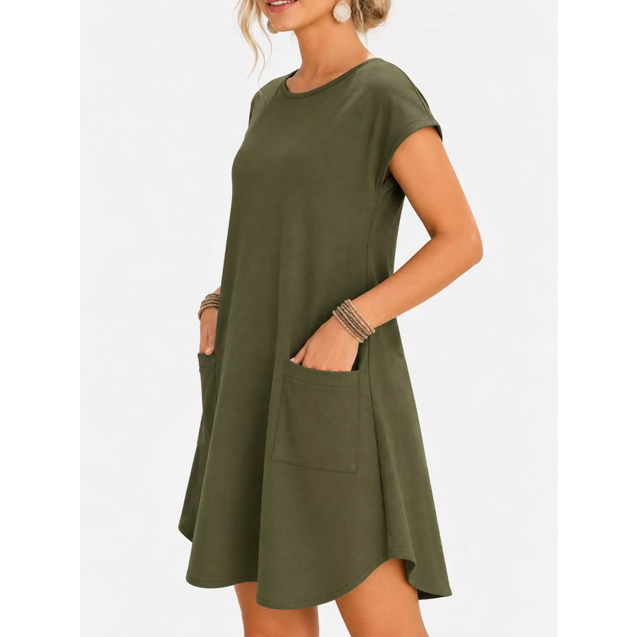 Loose Fit T-Shirt Dress with Pockets Military Green / S Apparel and Accessories