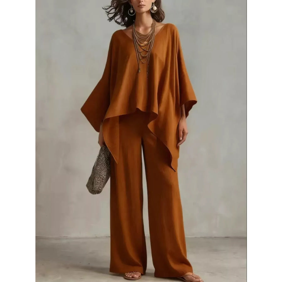 Loose Fit V-Neck Top and Pants Two-Piece Set Apparel and Accessories