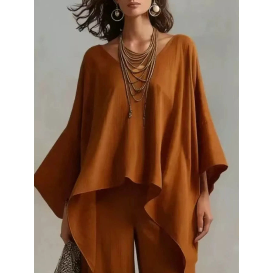 Loose Fit V-Neck Top and Pants Two-Piece Set Caramel / S Apparel and Accessories