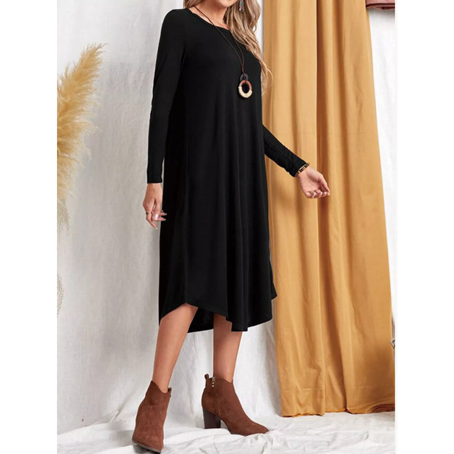 Loose Long Sleeve Midi Dress with Pockets Apparel and Accessories