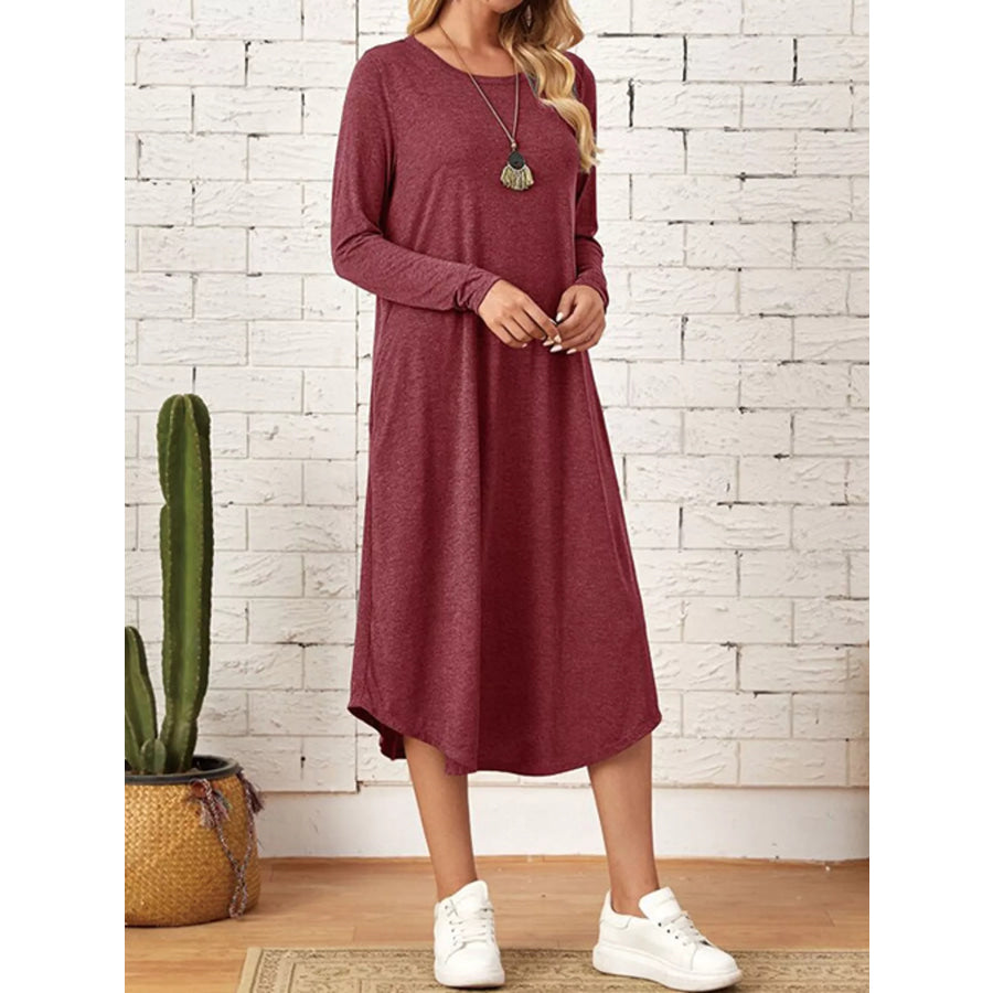 Loose Long Sleeve Midi Dress with Pockets Apparel and Accessories