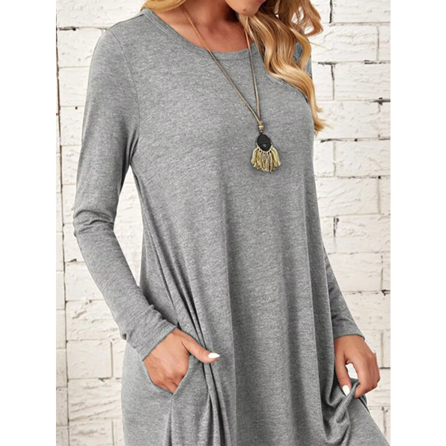 Loose Long Sleeve Midi Dress with Pockets Light Gray / S Apparel and Accessories