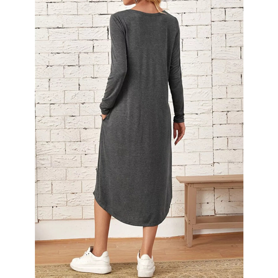Loose Long Sleeve Midi Dress with Pockets Apparel and Accessories