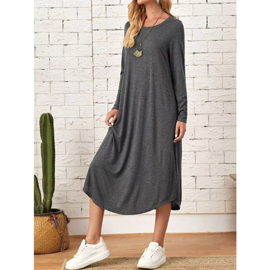 Loose Long Sleeve Midi Dress with Pockets Apparel and Accessories