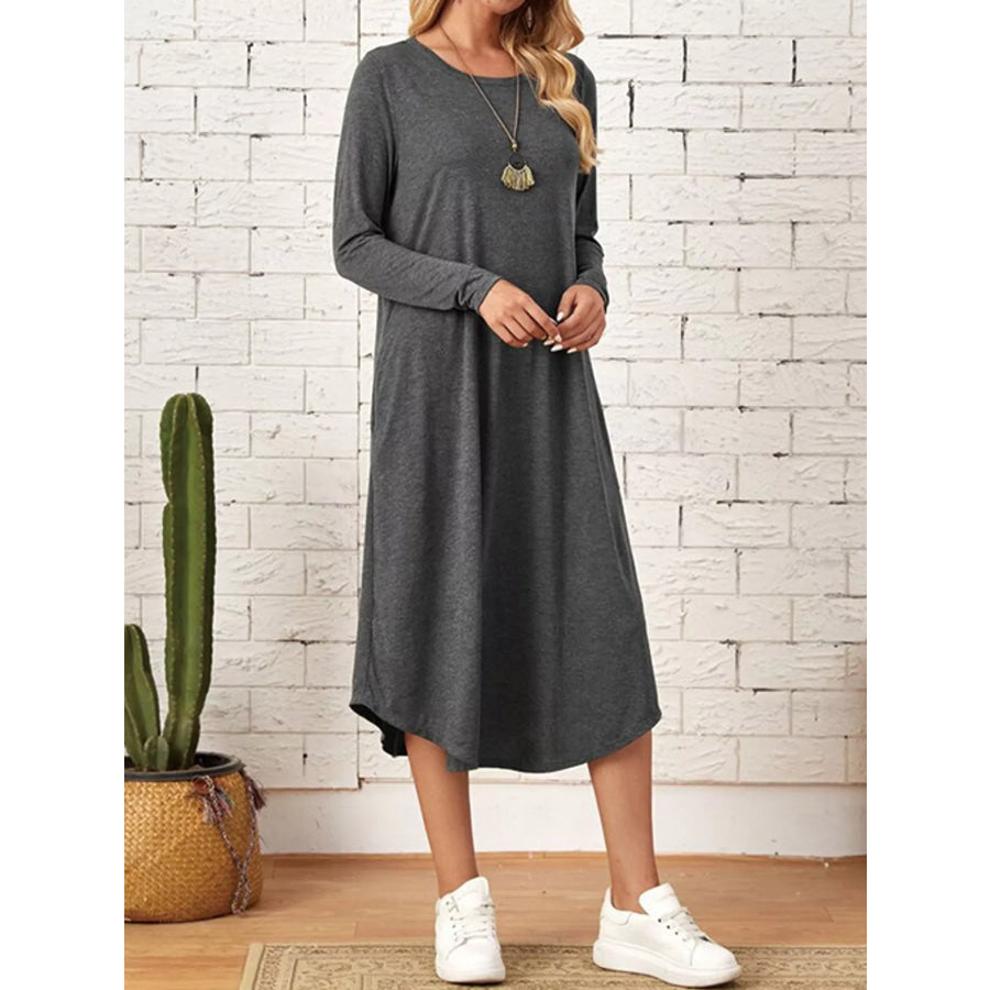 Loose Long Sleeve Midi Dress with Pockets Apparel and Accessories