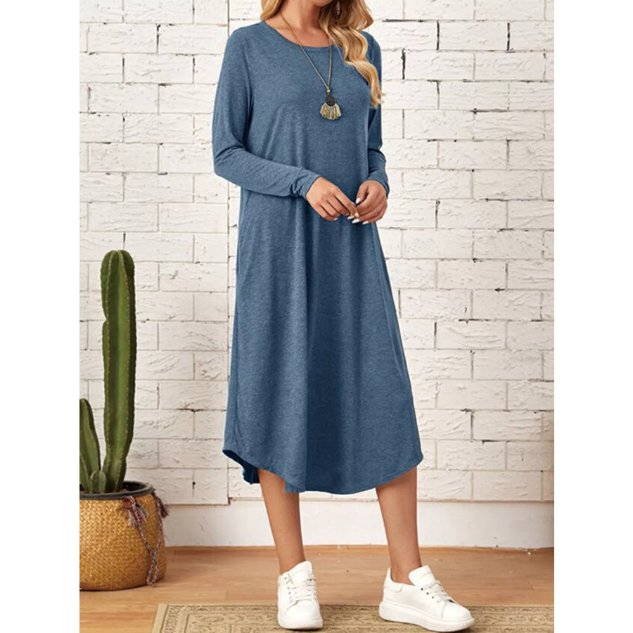 Loose Long Sleeve Midi Dress with Pockets Apparel and Accessories