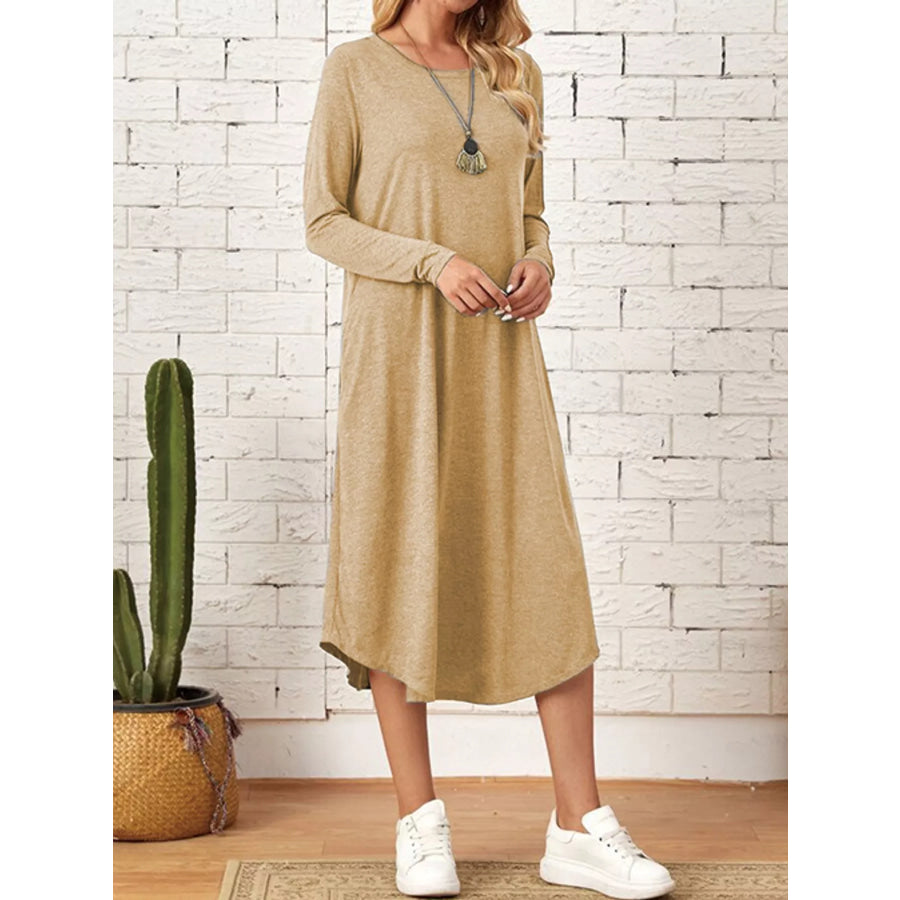 Loose Long Sleeve Midi Dress with Pockets Apparel and Accessories