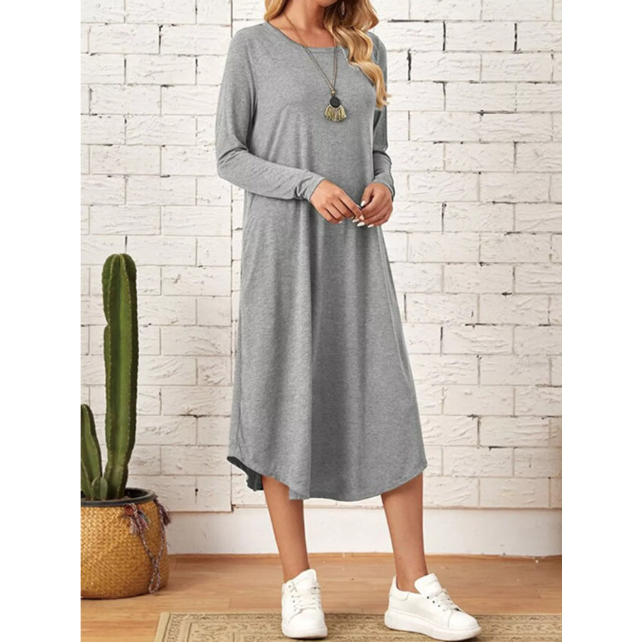 Loose Long Sleeve Midi Dress with Pockets Apparel and Accessories