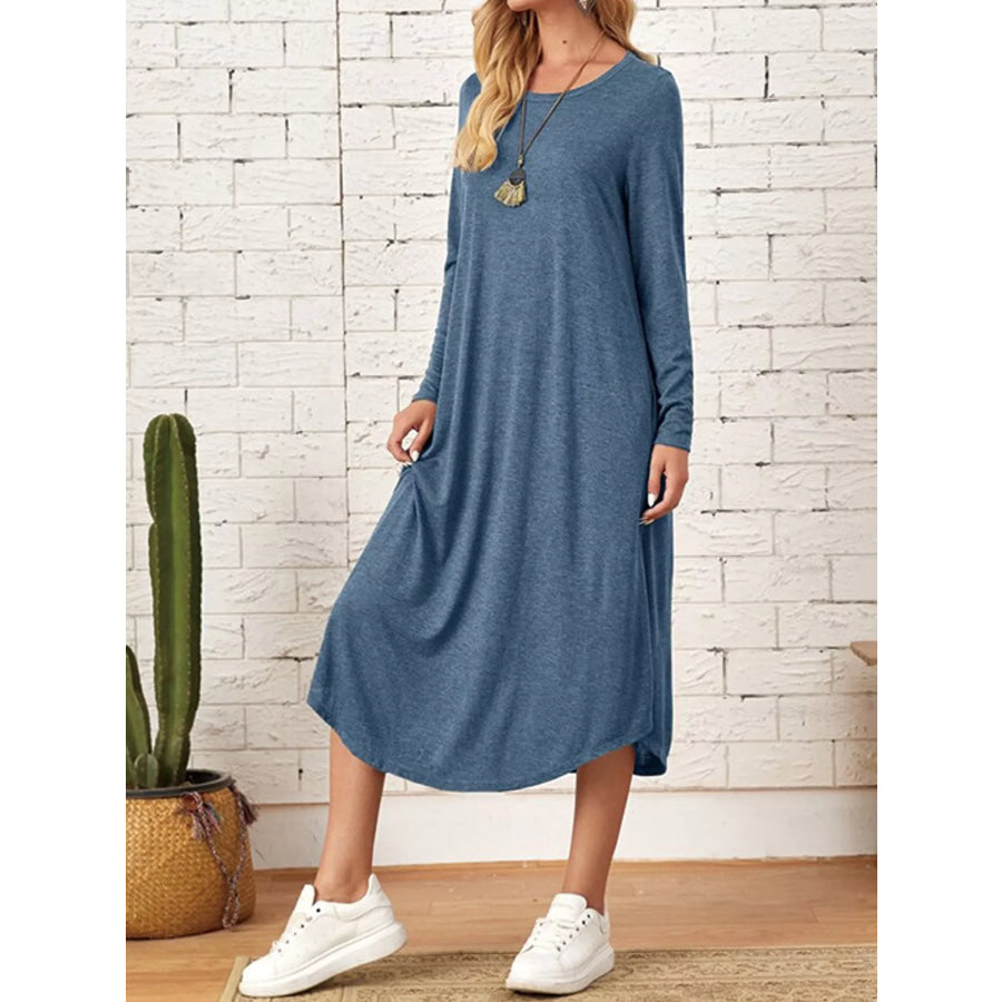 Loose Long Sleeve Midi Dress with Pockets Apparel and Accessories