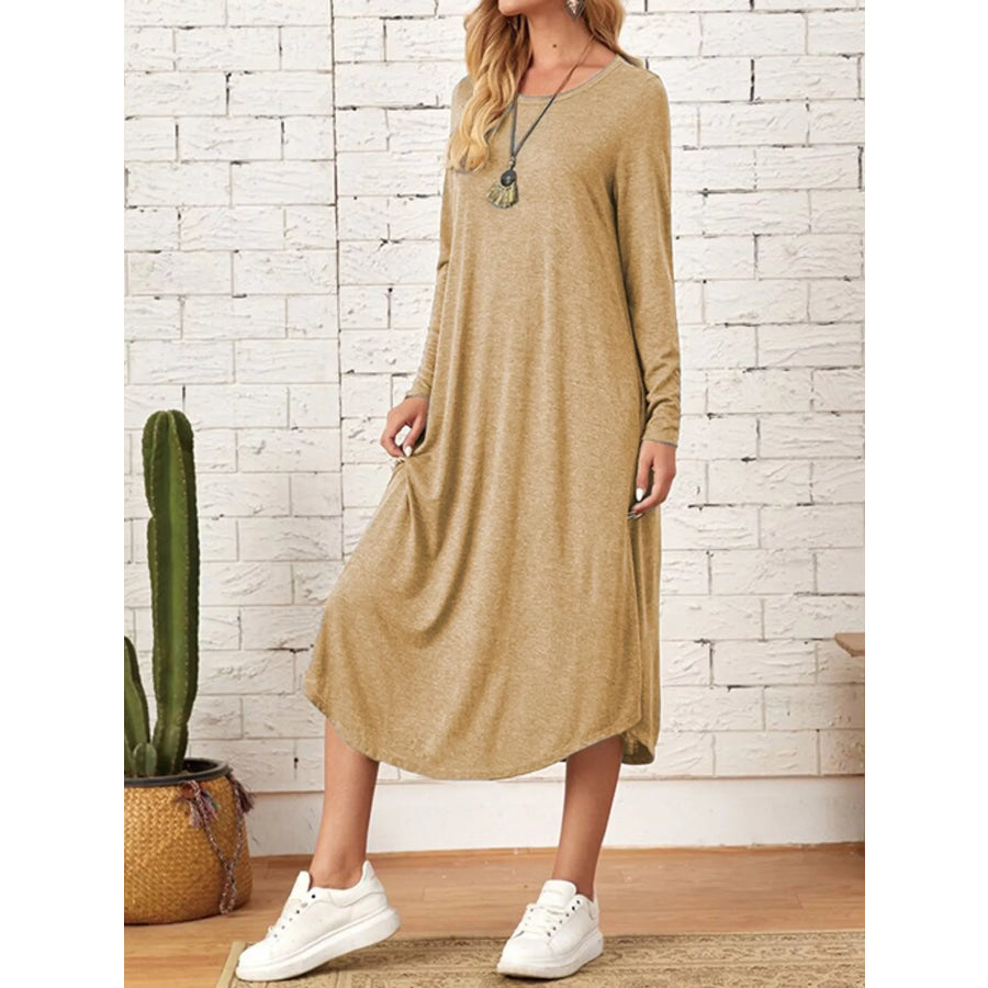 Loose Long Sleeve Midi Dress with Pockets Apparel and Accessories