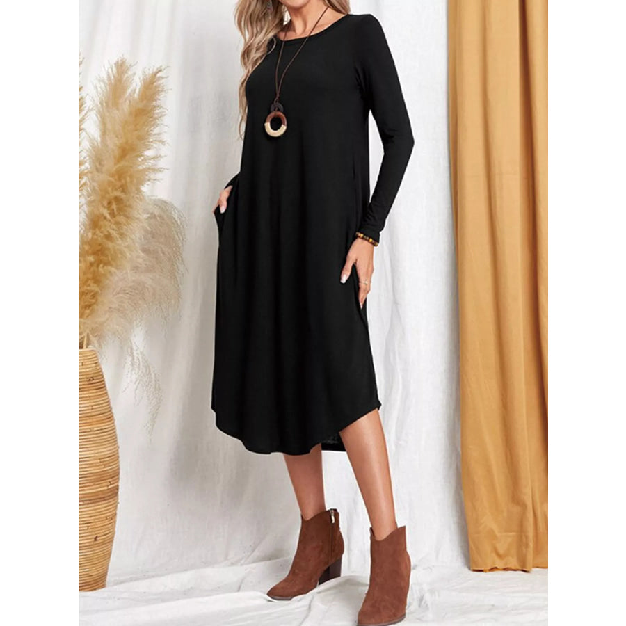Loose Long Sleeve Midi Dress with Pockets Black / S Apparel and Accessories
