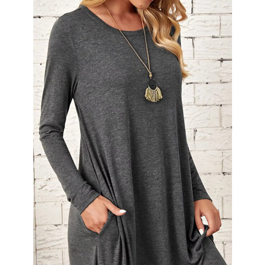 Loose Long Sleeve Midi Dress with Pockets Dark Gray / S Apparel and Accessories