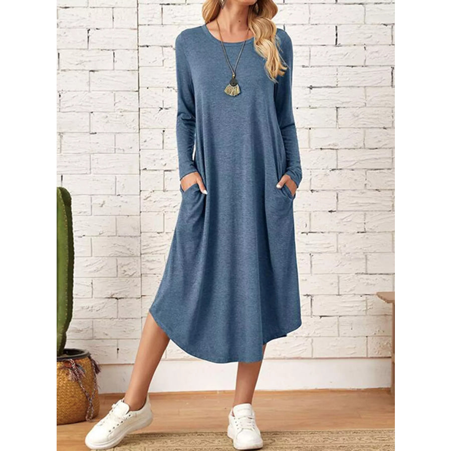 Loose Long Sleeve Midi Dress with Pockets Indigo / S Apparel and Accessories