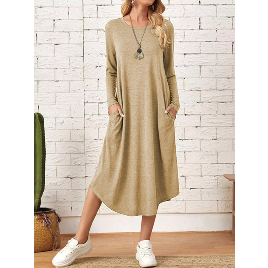 Loose Long Sleeve Midi Dress with Pockets Khaki / S Apparel and Accessories