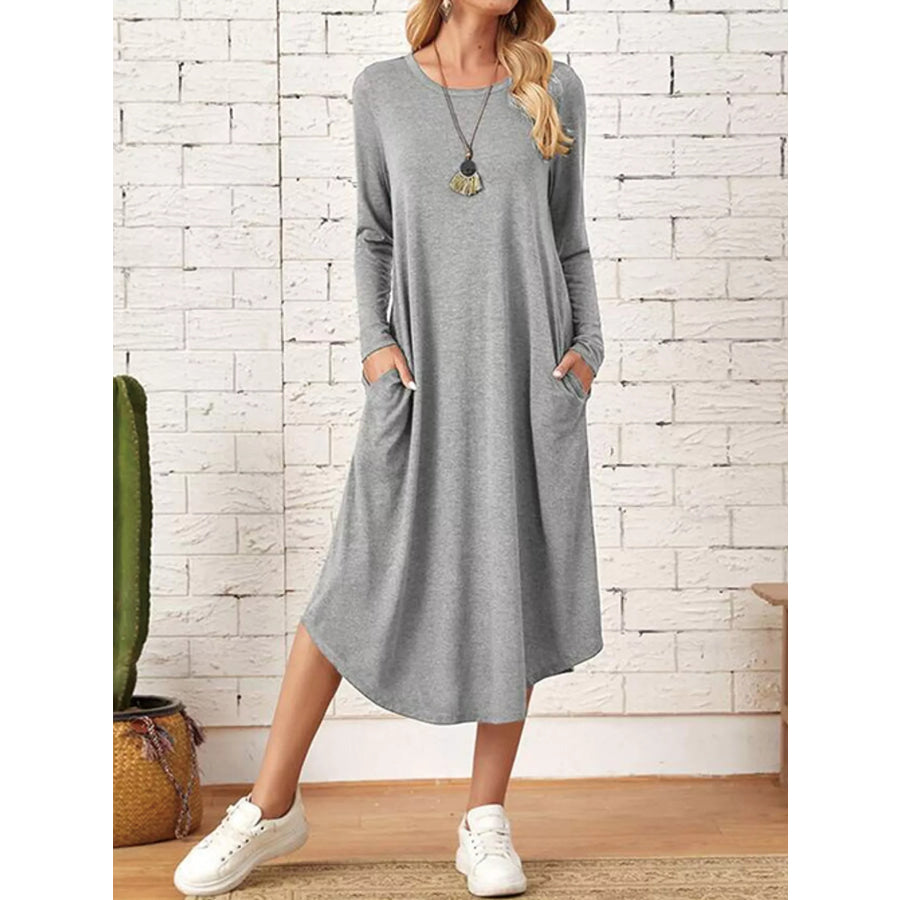 Loose Long Sleeve Midi Dress with Pockets Light Gray / S Apparel and Accessories