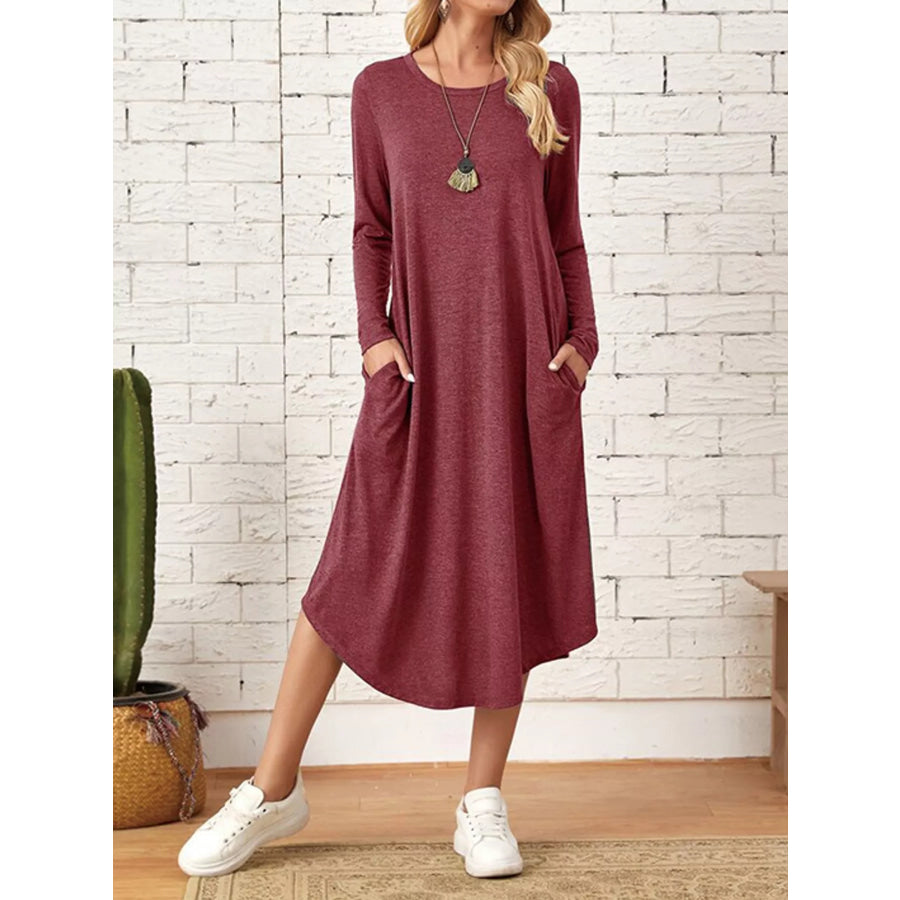 Loose Long Sleeve Midi Dress with Pockets Rouge / S Apparel and Accessories