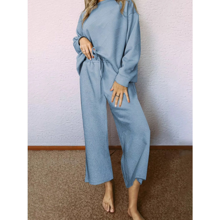 Loose Textured Top and Pants 2pcs Outfit Set Light Blue / S Apparel and Accessories