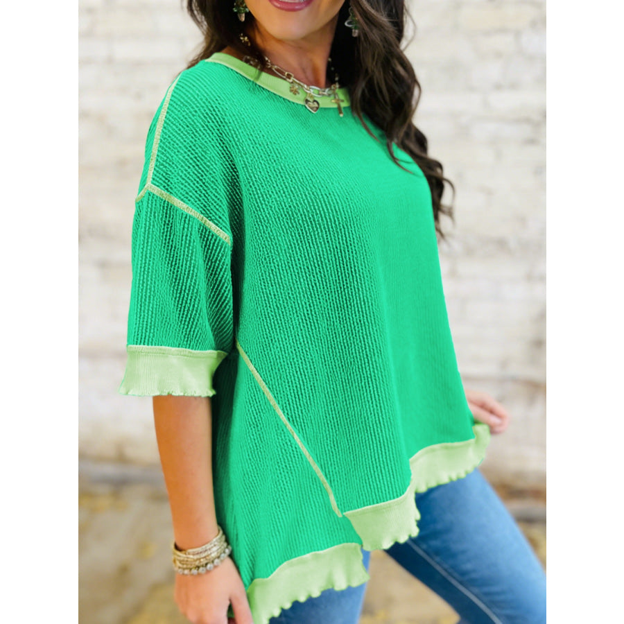 Loose Uneven Hem Twist Ribbed T Shirt Apparel and Accessories